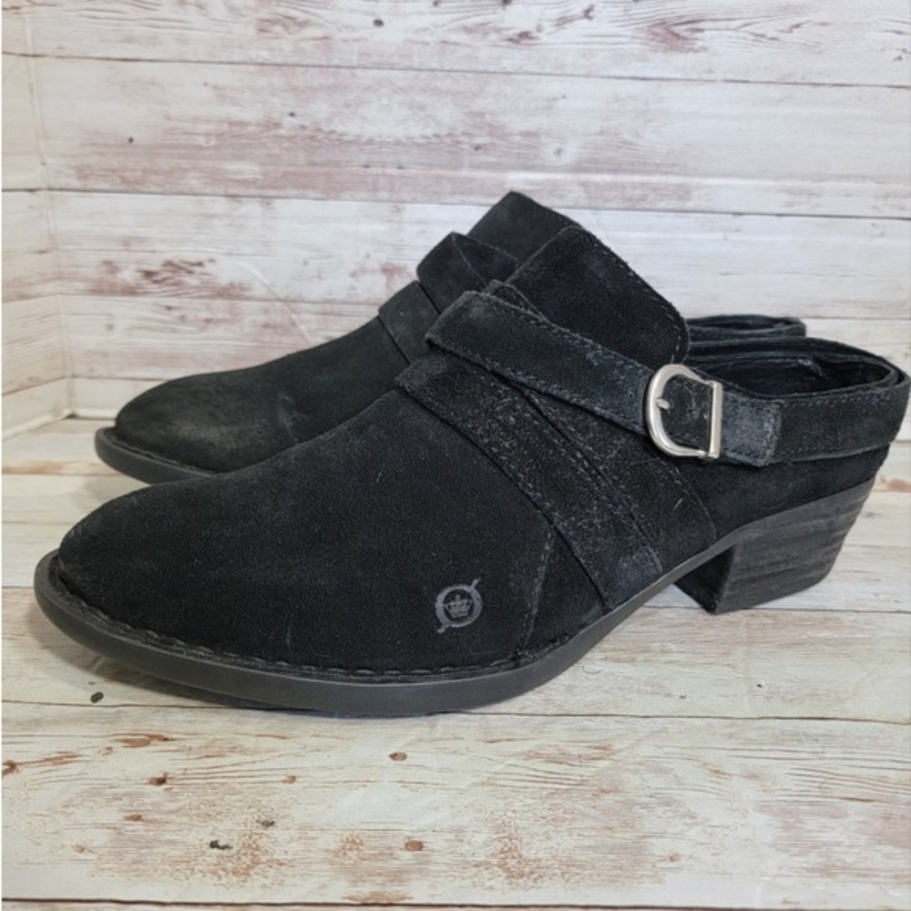 Black suede western inspired slides/mules.